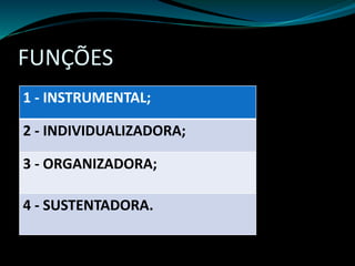 FUNÇÕES
1 - INSTRUMENTAL;
2 - INDIVIDUALIZADORA;
3 - ORGANIZADORA;
4 - SUSTENTADORA.
 