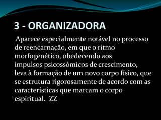 3 - ORGANIZADORA
Aparece especialmente notável no processo
de reencarnação, em que o ritmo
morfogenético, obedecendo aos
impulsos psicossômicos de crescimento,
leva à formação de um novo corpo físico, que
se estrutura rigorosamente de acordo com as
características que marcam o corpo
espiritual. ZZ
 