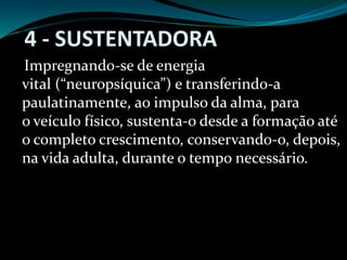 4 - SUSTENTADORA
Impregnando-se de energia
vital (“neuropsíquica”) e transferindo-a
paulatinamente, ao impulso da alma, para
o veículo físico, sustenta-o desde a formação até
o completo crescimento, conservando-o, depois,
na vida adulta, durante o tempo necessário.
 