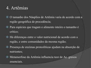 4. Artêmias 
 O tamanho dos Náuplios de Artêmia varia de acordo com a 
região geográfica de procedência; 
 Para espécies que tragam o alimento inteiro o tamanho é 
crítico; 
 Há diferenças entre o valor nutricional de acordo com a 
região, e entre comunidades da mesma região; 
 Presença de enzimas proteolíticas ajudam na absorção de 
nutrientes; 
 Metamorfose da Artêmia influencia teor de Ac. graxos 
essenciais. 
 