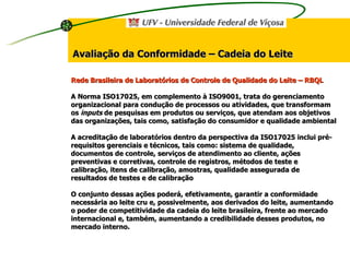 Avaliação da Conformidade – Cadeia do Leite Rede Brasileira de Laboratórios de Controle de Qualidade do Leite   – RBQL A Norma ISO17025, em complemento à ISO9001, trata do gerenciamento organizacional para condução de processos ou atividades, que transformam os  inputs  de pesquisas em produtos ou serviços, que atendam aos objetivos das organizações, tais como, satisfação do consumidor e qualidade ambiental A acreditação de laboratórios dentro da perspectiva da ISO17025 inclui pré-requisitos gerenciais e técnicos, tais como: sistema de qualidade, documentos de controle, serviços de atendimento ao cliente, ações preventivas e corretivas, controle de registros, métodos de teste e calibração, itens de calibração, amostras, qualidade assegurada de resultados de testes e de calibração O conjunto dessas ações poderá, efetivamente, garantir a conformidade necessária ao leite cru e, possivelmente, aos derivados do leite, aumentando o poder de competitividade da cadeia do leite brasileira, frente ao mercado internacional e, também, aumentando a credibilidade desses produtos, no mercado interno. 