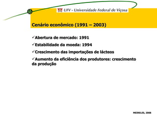 Cenário econômico (1991 – 2003) Abertura de mercado: 1991 Estabilidade da moeda: 1994 Crescimento das importações de lácteos Aumento da eficiência dos produtores: crescimento da produção MEIRELES, 2008 