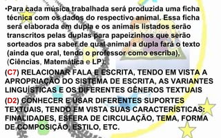 •Para cada música trabalhada será produzida uma ficha
técnica com os dados do respectivo animal. Essa ficha
será elaborada em dupla e os animais listados serão
transcritos pelas duplas para papeizinhos que serão
sorteados pra saber de qual animal a dupla fará o texto
(ainda que oral, tendo o professor como escriba),
(Ciências, Matemática e LP);
(C7) RELACIONAR FALA E ESCRITA, TENDO EM VISTA A
APROPRIAÇÃO DO SISTEMA DE ESCRITA, AS VARIANTES
LINGUÍSTICAS E OS DIFERENTES GÊNEROS TEXTUAIS
(D2) CONHECER E USAR DIFERENTES SUPORTES
TEXTUAIS, TENDO EM VISTA SUAS CARACTERÍSTICAS:
FINALIDADES, ESFERA DE CIRCULAÇÃO, TEMA, FORMA
DE COMPOSIÇÃO, ESTILO, ETC.

 