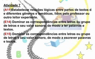 Atividade 7
(A11)Estabelecer relações lógicas entre partes de textos d
e diferentes gêneros e temáticas, lidos pelo professor ou
outro leitor experiente.
(E14) Dominar as correspondências entre letras ou grupo
de letras e seu valor sonoro, de modo a ler palavras e
textos.
(E15) Dominar as correspondências entre letras ou grupo
de letras e seu valor sonoro, de modo a escrever palavras
e textos.

 