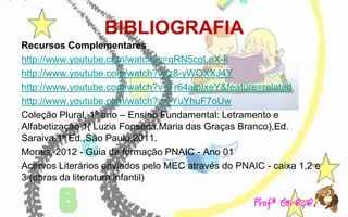 BIBLIOGRAFIA
Recursos Complementares
http://www.youtube.com/watch?v=qRN5cgLoX-k
http://www.youtube.com/watch?v=z8-yWOXXJ4Y
http://www.youtube.com/watch?v=Tr64alpIxeY&feature=related
http://www.youtube.com/watch?v=-YuYhuF7oUw
Coleção Plural, 1º ano – Ensino Fundamental: Letramento e
Alfabetização 1( Luzia Fonseca,Maria das Graças Branco),Ed.
Saraiva,1ª Ed.,São Paulo,2011.
Morais, 2012 - Guia de formação PNAIC - Ano 01
Acervos Literários enviados pelo MEC através do PNAIC - caixa 1,2 e
3 (obras da literatura infantil)

 