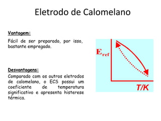 Eletrodo de CalomelanoVantagem:Fácil de ser preparado, por isso,  bastante empregado.Desvantagens:Comparado com os outros eletrodos de calomelano, o ECS possui um coeficiente de temperatura significativo e apresenta histerese térmica.