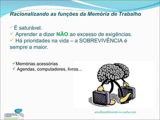 Racionalizando as funções da Memória de Trabalho É saturável. Aprender a dizer  NÃO  ao excesso de exigências. Há prioridades na vida – a SOBREVIVÊNCIA é sempre a maior. umolhardiferente-to.webs.com Memórias acessórias Agendas, computadores, livros... 