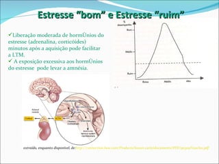 Estresse “bom” e Estresse “ruim” Liberação moderada de hormônios do estresse (adrenalina, corticóides) minutos após a aquisição pode facilitar a LTM. A exposição excessiva aos hormônios do estresse  pode levar a amnésia. extraído, enquanto disponível,  de: http://connection.lww.com/Products/braun-carie/documents/PDF/90309%20ch11.pdf   