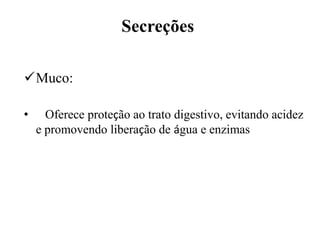 Secreções

Muco:

•     Oferece proteção ao trato digestivo, evitando acidez
    e promovendo liberação de água e enzimas
 