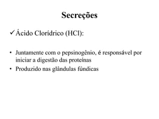 Secreções
Ácido Clorídrico (HCl):

• Juntamente com o pepsinogênio, é responsável por
  iniciar a digestão das proteínas
• Produzido nas glândulas fúndicas
 