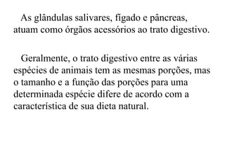 As glândulas salivares, fígado e pâncreas,
atuam como órgãos acessórios ao trato digestivo.

  Geralmente, o trato digestivo entre as várias
espécies de animais tem as mesmas porções, mas
o tamanho e a função das porções para uma
determinada espécie difere de acordo com a
característica de sua dieta natural.
 