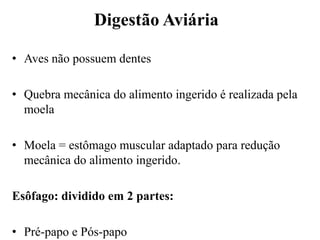 Digestão Aviária

• Aves não possuem dentes

• Quebra mecânica do alimento ingerido é realizada pela
  moela

• Moela = estômago muscular adaptado para redução
  mecânica do alimento ingerido.

Esôfago: dividido em 2 partes:

• Pré-papo e Pós-papo
 