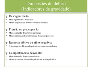 Dimensões do delírio
(Indicadores da gravidade)
ψ Desorganização:
 Mais organizados: Psicóticos
 Menos organizados: Retardo mental e demência
ψ Pressão ou preocupação:
 Mais acentuada: Transtornos delirantes
 Menos acentuada: Esquizofrenia e depressão psicótica
ψ Resposta afetiva ou afeto negativo:
 Afeto negativo: Depressão psicótica e transtornos delirante
ψ Comportamento desviante:
 Mais acentuado: Transtorno delirante
 Menos acentuado: Depressão psicótica e Mania psicótica
 