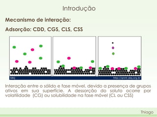 Introdução
Mecanismo de interação:
Adsorção: CDD, CGS, CLS, CSS

Interação entre o sólido e fase móvel, devido a presença de grupos
ativos em sua superfície. A dessorção do soluto ocorre por
volatilidade (CG) ou solubilidade na fase móvel (CL ou CSS)

Thiago

 