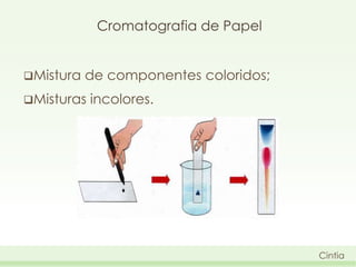 Cromatografia de Papel
Mistura

de componentes coloridos;

Misturas

incolores.

Cintia

 