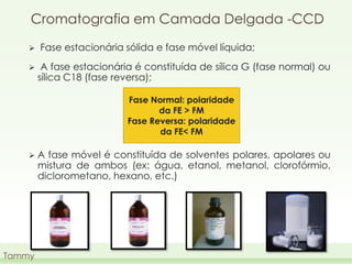 Cromatografia em Camada Delgada -CCD



Fase estacionária sólida e fase móvel líquida;
A fase estacionária é constituída de sílica G (fase normal) ou
sílica C18 (fase reversa);
Fase Normal: polaridade
da FE > FM
Fase Reversa: polaridade
da FE< FM



Tammy

A fase móvel é constituída de solventes polares, apolares ou
mistura de ambos (ex: água, etanol, metanol, clorofórmio,
diclorometano, hexano, etc.)

 