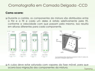 Cromatografia em Camada Delgada -CCD
Como ocorre:


Durante a corrida, os componentes da mistura são distribuídos entre
a FM e a FE e cada um deles é retido seletivamente pela FE,
conforme a velocidade com que passam pela mesma. Isso resulta
em alturas diferentes para cada componente.



A cuba deve estar saturada com vapores da fase móvel, para que
ocorra boa migração dos componentes da mistura.
Tammy

 