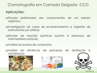 Cromatografia em Camada Delgada -CCD
Aplicações:
 Estudos

preliminares
orgânico;

dos

componentes

de

um

extrato

 Investigação

de casos de envenenamento e ingestão de
estimulantes por atletas;

 Estudos

de reações químicas
intermediários estáveis;

 Análise
 Análise

quanto

à presença

de

da pureza de compostos;

da eficiência
cristalização.

de

processos

de

destilação

e

Tammy

 