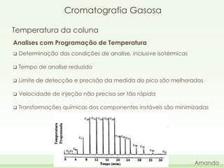 Cromatografia Gasosa
Temperatura da coluna
Analises com Programação de Temperatura


Determinação das condições de analise, inclusive isotérmicas



Tempo de analise reduzido



Limite de detecção e precisão da medida do pico são melhorados



Velocidade de injeção não precisa ser tão rápida



Transformações químicas dos componentes instáveis são minimizadas

Amanda

 
