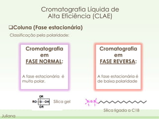 Cromatografia Líquida de
Alta Eficiência (CLAE)
Coluna (Fase estacionária)
Classificação pela polaridade:

Cromatografia
em
FASE NORMAL:

Cromatografia
em
FASE REVERSA:

A fase estacionária é
muito polar.

A fase estacionária é
de baixa polaridade

Sílica gel

Sílica ligada a C18
Juliana

 