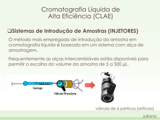 Cromatografia Líquida de
Alta Eficiência (CLAE)
Sistemas de Introdução de Amostras (INJETORES)
O método mais empregado de introdução da amostra em
cromatografia líquida é baseado em um sistema com alça de
amostragem.
Frequentemente as alças intercambiáveis estão disponíveis para
permitir a escolha do volume da amostra de 5 a 500 µL.

válvula de 6 pórticos (orifícios)
Juliana

 