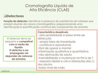 Cromatografia Líquida de
Alta Eficiência (CLAE)
Detectores
Função do detector: identificar a presença de substâncias de interesse que
estejam eluindo da coluna cromatográfica, proporcionando uma
identificação e quantificação continua dos componentes da amostra.
Característica desejáveis:
O detector deve ser
pequeno e compatível
com a vazão de
líquido.
O detector a ser
empregado vai
depender da natureza
da amostra.

Juliana

- alta sensibilidade e baixo limite de
detecção
- ampla faixa de linearidade
- confiável e reprodutível
-fácil de operar e manter
-informação qualitativa e quantitativa
-não destruição do soluto
-insensibilidade a mudanças na FM e de T
- resposta rápida e cte a alterações das [ ]
dos solutos
-baixo nível de ruído

 