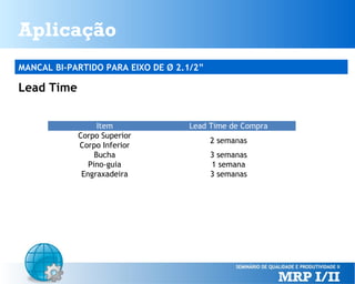 Aplicação
MANCAL BI-PARTIDO PARA EIXO DE Ø 2.1/2”

Lead Time
Item
Corpo Superior
Corpo Inferior
Bucha
Pino-guia
Engraxadeira

Lead Time de Compra
2 semanas
3 semanas
1 semana
3 semanas

 