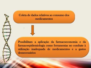 Coleta de dados relativos ao consumo dos
medicamentos
.

Possibilitam a aplicação da farmacoeconomia e da
farmacoepidemiologia como ferramentas no combate à
utilização inadequada de medicamentos e a gastos
desnecessários

 