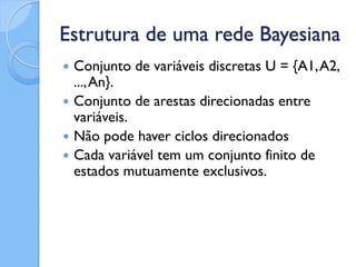 Estrutura de uma rede Bayesiana
   Conjunto de variáveis discretas U = {A1, A2,
    ..., An}.
   Conjunto de arestas direcionadas entre
    variáveis.
   Não pode haver ciclos direcionados
   Cada variável tem um conjunto finito de
    estados mutuamente exclusivos.
 