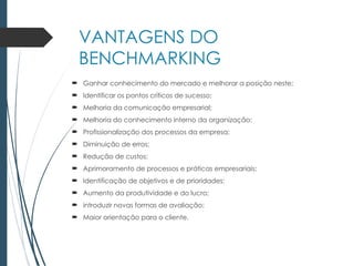 VANTAGENS DO
BENCHMARKING
 Ganhar conhecimento do mercado e melhorar a posição neste;
 Identificar os pontos críticos de sucesso;
 Melhoria da comunicação empresarial;
 Melhoria do conhecimento interno da organização:
 Profissionalização dos processos da empresa;
 Diminuição de erros;
 Redução de custos;
 Aprimoramento de processos e práticas empresariais;
 Identificação de objetivos e de prioridades;
 Aumento da produtividade e do lucro;
 introduzir novas formas de avaliação;
 Maior orientação para o cliente.
 