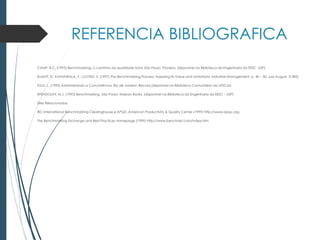 REFERENCIA BIBLIOGRAFICA
CAMP, R.C. (1993) Benchmarking, o caminho da qualidade total. São Paulo: Pioneira. (disponível na Biblioteca da Engenharia da EESC -USP)
ELMUTI, D.; KATHAWALA, Y.; LLOYED, S. (1997) The Benchmarking Process: Assessing Its Value and Limitations. Industrial Management, p. 40 – 50, July-August. (t:583)
FULD, L. (1993) Administrando a Concorrência. Rio de Janeiro: Record.(disponível na Biblioteca Comunitária da UFSCar)
SPENDOLINI, M.J. (1993) Benchmarking. São Paulo: Makron Books. (disponível na Biblioteca da Engenharia da EESC – USP)
Sites Relacionados
IBC-International Benchmarking Clearinghouse e APQC-American Productivity & Quality Center (1999) http://www.apqc.org
The Benchmarking Exchange and Best Practices Homepage (1999) http://www.benchnet.com/index.htm
 