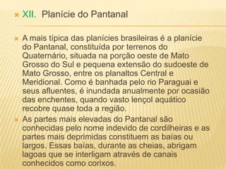  XII. Planície do Pantanal
 A mais típica das planícies brasileiras é a planície
do Pantanal, constituída por terrenos do
Quaternário, situada na porção oeste de Mato
Grosso do Sul e pequena extensão do sudoeste de
Mato Grosso, entre os planaltos Central e
Meridional. Como é banhada pelo rio Paraguai e
seus afluentes, é inundada anualmente por ocasião
das enchentes, quando vasto lençol aquático
recobre quase toda a região.
 As partes mais elevadas do Pantanal são
conhecidas pelo nome indevido de cordilheiras e as
partes mais deprimidas constituem as baías ou
largos. Essas baías, durante as cheias, abrigam
lagoas que se interligam através de canais
conhecidos como corixos.
 