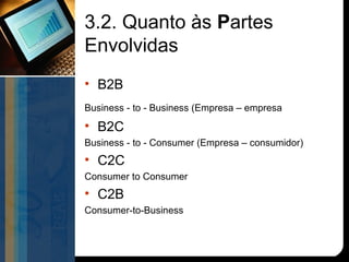 3.2. Quanto às Partes
Envolvidas
• B2B
Business - to - Business (Empresa – empresa
• B2C
Business - to - Consumer (Empresa – consumidor)
• C2C
Consumer to Consumer
• C2B
Consumer-to-Business
 