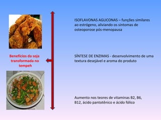 ISOFLAVONAS AGLICONAS – funções similares
                     ao estrógeno, aliviando os sintomas de
                     osteoporose pós-menopausa




Benefícios da soja   SÍNTESE DE ENZIMAS - desenvolvimento de uma
 transformada no     textura desejável e aroma do produto
      tempeh




                     Aumento nos teores de vitaminas B2, B6,
                     B12, ácido pantotênico e ácido fólico
 