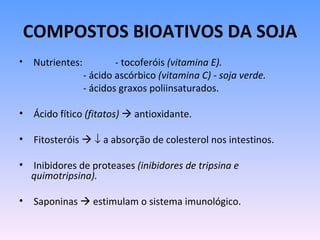 COMPOSTOS BIOATIVOS DA SOJA
•    Nutrientes:           - tocoferóis (vitamina E).
                   - ácido ascórbico (vitamina C) - soja verde.
                   - ácidos graxos poliinsaturados.

• Ácido fítico (fitatos)  antioxidante.

• Fitosteróis  ↓ a absorção de colesterol nos intestinos.

• Inibidores de proteases (inibidores de tripsina e
  quimotripsina).

• Saponinas  estimulam o sistema imunológico.
 