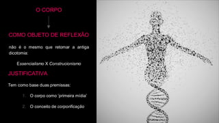 JUSTIFICATIVA
Tem como base duas premissas:
1. O corpo como ‘primeira mídia’
2. O conceito de corporificação
O CORPO
COMO OBJETO DE REFLEXÃO
não é o mesmo que retomar a antiga
dicotomia:
Essencialismo X Construcionismo
 