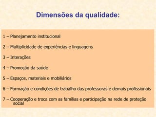 Dimensões da qualidade: 1 – Planejamento institucional 2 – Multiplicidade de experiências e linguagens 3 – Interações 4 – Promoção da saúde 5 – Espaços, materiais e mobiliários 6 – Formação e condições de trabalho das professoras e demais profissionais 7 – Cooperação e troca com as famílias e participação na rede de proteção social 