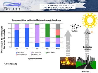 Gases emitidos na Região Metropolitana de São Paulo
Percentagem de contribuição
   das fontes de emissão




                                                                                          Sulfato
                                                                                                      CO2 O3
                                                                                                      CO
                                                                                                      NOx
                                                                                    MP                HC
                                                                                                      SO2
                                                                                    CO2
                                                                                    CO              Emissões
                                                                                    N2O              Urbanas



                                              Tipos de fontes

                      CETESB [2005]



                                                                                                    Urbano
 