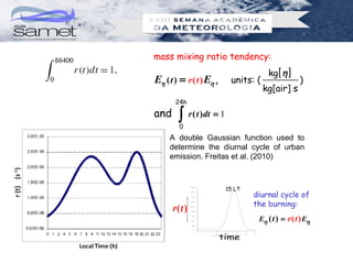 mass mixing ratio tendency:
                                                                                                                                             kg [ η ]
Eη ( t ) = r ( t ) Eη ,                                                                                    units: (                                       )
                                                                                                                                           kg[air] s
       24h
and     ∫
        0
                                                          r ( t ) dt = 1

     A double Gaussian function used to
     determine the diurnal cycle of urban
     emission. Freitas et al. (2010)



                                                                                                  15 LT
                                                          2 2 5 0




                                                                                                                                    diurnal cycle of
                                                          2 0 0 0


                                                          1 7 5 0
            N ú m e ro m é d io d e fo c o s d e fo g o




                                                                                                                                    the burning:
                                                          1 5 0 0




      r(t )                                               1 2 5 0


                                                          1 0 0 0




                                                                                                                                          Eη ( t ) = r ( t ) Eη
                                                            7 5 0


                                                            5 0 0


                                                            2 5 0


                                                                0




                                                                                       time
                                                                    0   4          8              1 2            1 6          2 0   2 4
                                                                            H o r a L o c a l ( F u s o d e B r a s í lia )
 