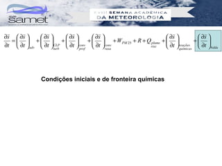 ∂s  ∂s       ∂s        ∂s          ∂s                         ∂s             ∂s 
  =   +  +                      +   + WPM 25 + R + Q plume +               + 
∂t  ∂t  adv  ∂t CLP  ∂t  conv  ∂t  conv
                     turb        prof          rasa
                                                            rise      ∂t  reações  ∂t  4 dda
                                                                            químicas




                Condições iniciais e de fronteira químicas
 