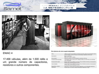 ENIAC 4

17.468 válvulas, além de 1.500 relês e
um grande número de capacitores,
resistores e outros componentes.
 