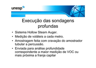Execução das sondagens
            profundas
• Sistema Hollow Steam Auger.
• Medição de voláteis a cada metro.
• Amostragem feita com cravação do amostrador
  tubular a percussão.
• Enviada para análise profundidade
  correspondente a maior medição de VOC ou
  mais próxima a franja capilar
 