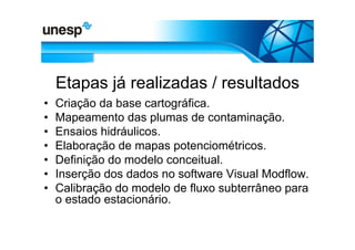 Etapas já realizadas / resultados
•   Criação da base cartográfica.
•   Mapeamento das plumas de contaminação.
•   Ensaios hidráulicos.
•   Elaboração de mapas potenciométricos.
•   Definição do modelo conceitual.
•   Inserção dos dados no software Visual Modflow.
•   Calibração do modelo de fluxo subterrâneo para
    o estado estacionário.
 