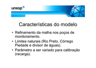 Características do modelo
• Refinamento da malha nos poços de
  monitoramento.
• Limites naturais (Rio Preto, Córrego
  Piedade e divisor de águas).
• Parâmetro a ser variado para calibração
  (recarga).
 