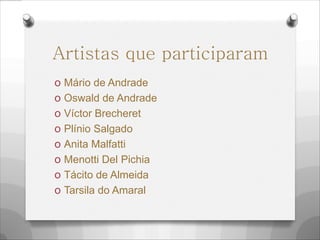 Artistas que participaram
O Mário de Andrade
O Oswald de Andrade
O Víctor Brecheret
O Plínio Salgado
O Anita Malfatti
O Menotti Del Pichia
O Tácito de Almeida
O Tarsila do Amaral
 