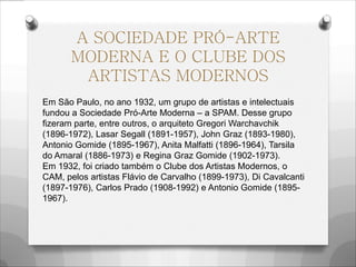 A SOCIEDADE PRÓ-ARTE
MODERNA E O CLUBE DOS
ARTISTAS MODERNOS
Em São Paulo, no ano 1932, um grupo de artistas e intelectuais
fundou a Sociedade Pró-Arte Moderna – a SPAM. Desse grupo
fizeram parte, entre outros, o arquiteto Gregori Warchavchik
(1896-1972), Lasar Segall (1891-1957), John Graz (1893-1980),
Antonio Gomide (1895-1967), Anita Malfatti (1896-1964), Tarsila
do Amaral (1886-1973) e Regina Graz Gomide (1902-1973).
Em 1932, foi criado também o Clube dos Artistas Modernos, o
CAM, pelos artistas Flávio de Carvalho (1899-1973), Di Cavalcanti
(1897-1976), Carlos Prado (1908-1992) e Antonio Gomide (1895-
1967).
 