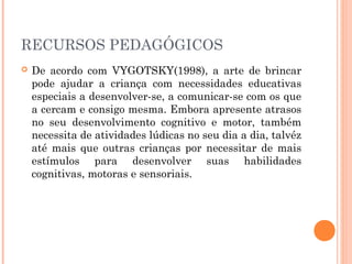 RECURSOS PEDAGÓGICOS


De acordo com VYGOTSKY(1998), a arte de brincar
pode ajudar a criança com necessidades educativas
especiais a desenvolver-se, a comunicar-se com os que
a cercam e consigo mesma. Embora apresente atrasos
no seu desenvolvimento cognitivo e motor, também
necessita de atividades lúdicas no seu dia a dia, talvéz
até mais que outras crianças por necessitar de mais
estímulos para desenvolver suas habilidades
cognitivas, motoras e sensoriais.

 