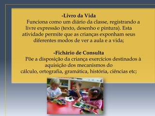-Livro da Vida
  Funciona como um diário da classe, registrando a
 livre expressão (texto, desenho e pintura). Esta
atividade permite que as crianças exponham seus
     diferentes modos de ver a aula e a vida;

               -Fichário de Consulta
  Põe a disposição da criança exercícios destinados à
           aquisição dos mecanismos do
cálculo, ortografia, gramática, história, ciências etc;
 