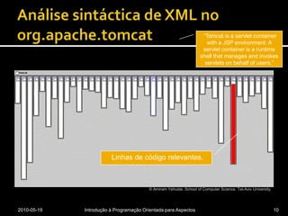 Análise sintáctica de XML no org.apache.tomcat2010-05-19Introdução à Programação Orientada para Aspectos10 “Tomcat is a servlet container with a JSP environment. A servlet container is a runtime shell that manages and invokes servlets on behalf of users.” Linhas de código relevantes.© Amiram Yehudai. School of Computer Science. Tel-Aviv University.