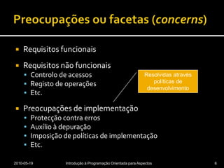 Preocupações ou facetas (concerns)Requisitos funcionaisRequisitos não funcionaisControlo de acessosRegisto de operaçõesEtc.Preocupações de implementaçãoProtecção contra errosAuxílio à depuraçãoImposição de políticas de implementaçãoEtc.2010-05-19Introdução à Programação Orientada para Aspectos6Resolvidas através políticas de desenvolvimento